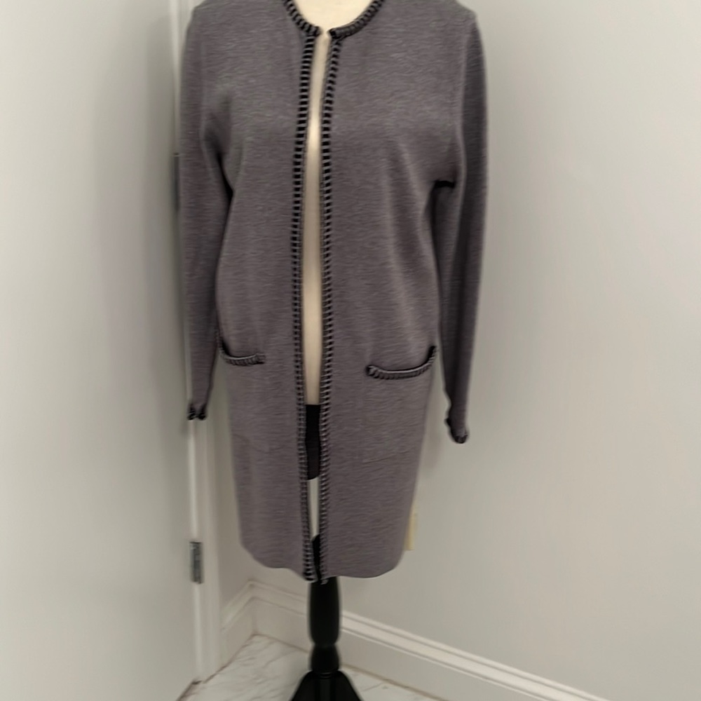 Magaschoni open front gray cardigan with black trim and pockets. Size M.  NEW